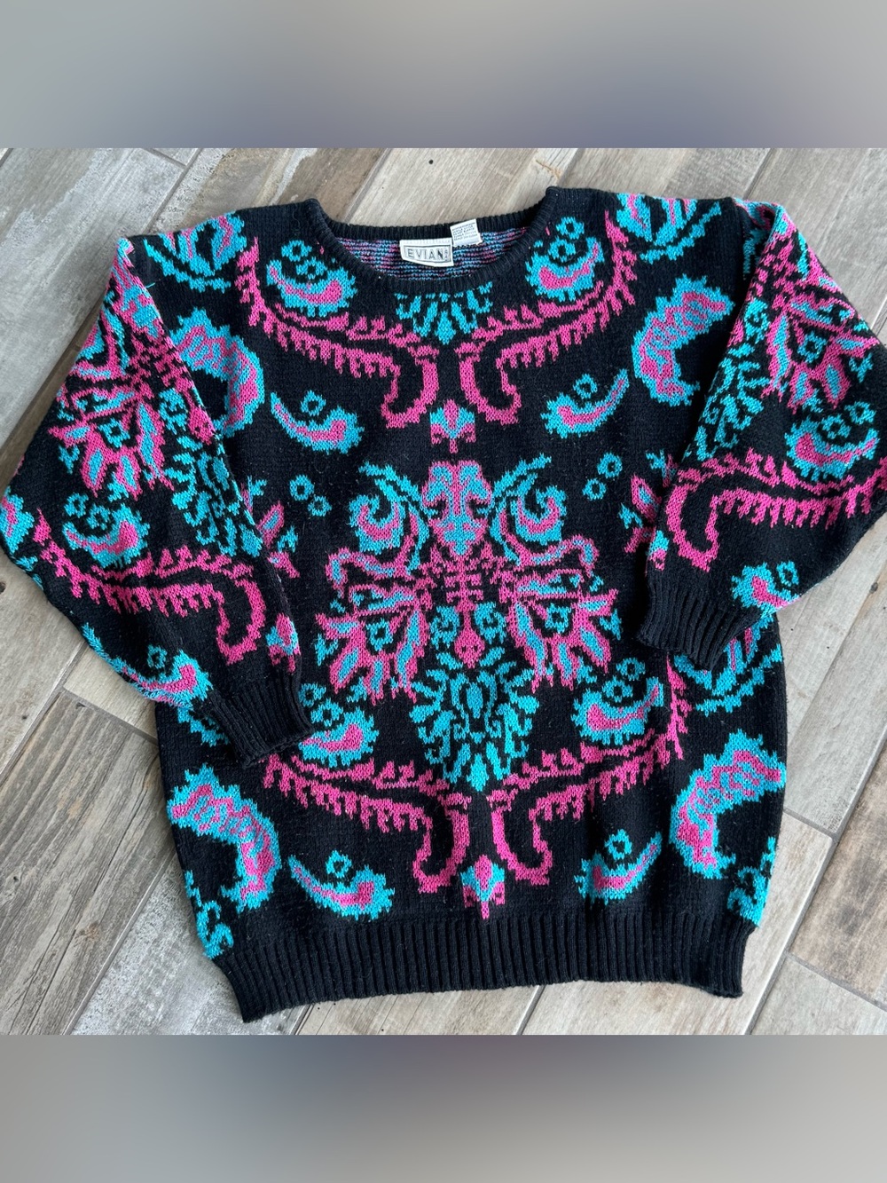 Vintage Evian LTD 80s 90s Abstract Black Sweater with Pink & Teal Pattern Large